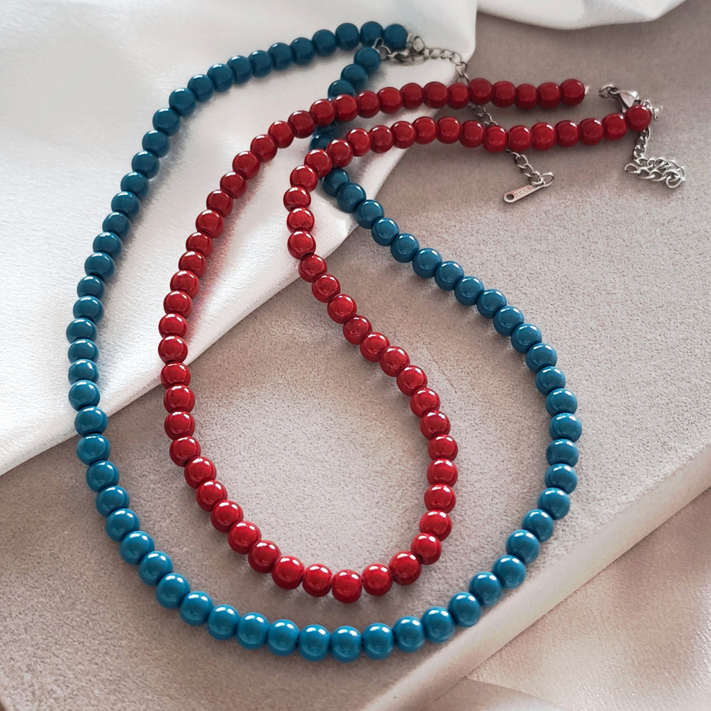 Red and petrol blue beaded necklaces with stainless steel clasps