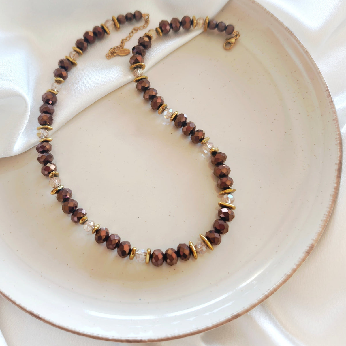 Mocha Gleam necklace with brown and clear crystals and gold-tone hematite accents