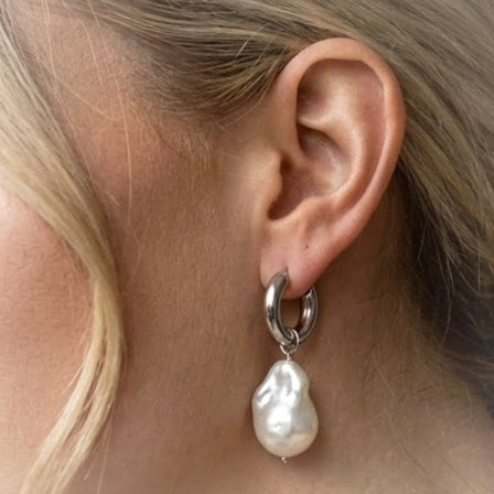 Silver Chunky Pearl Hoops