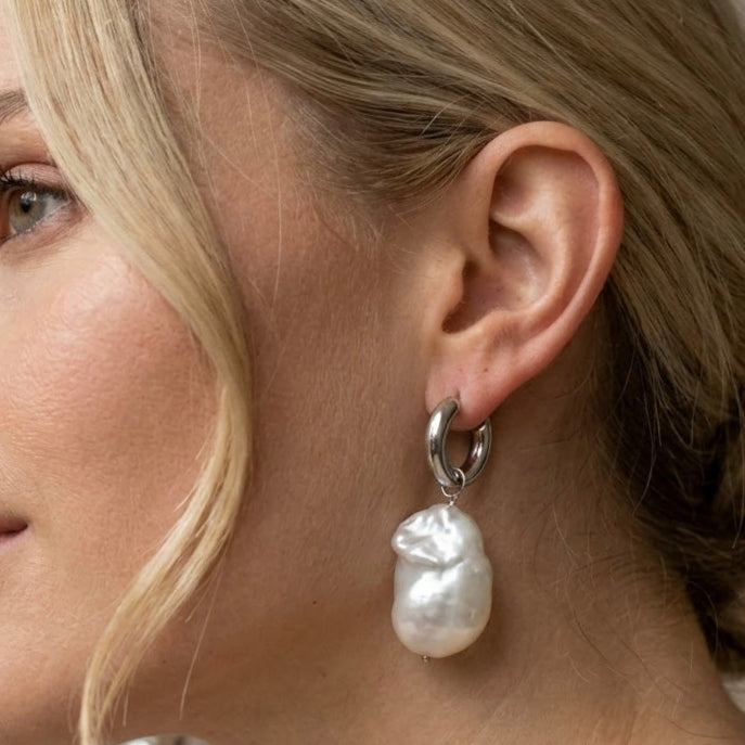 Silver Chunky Pearl Hoops