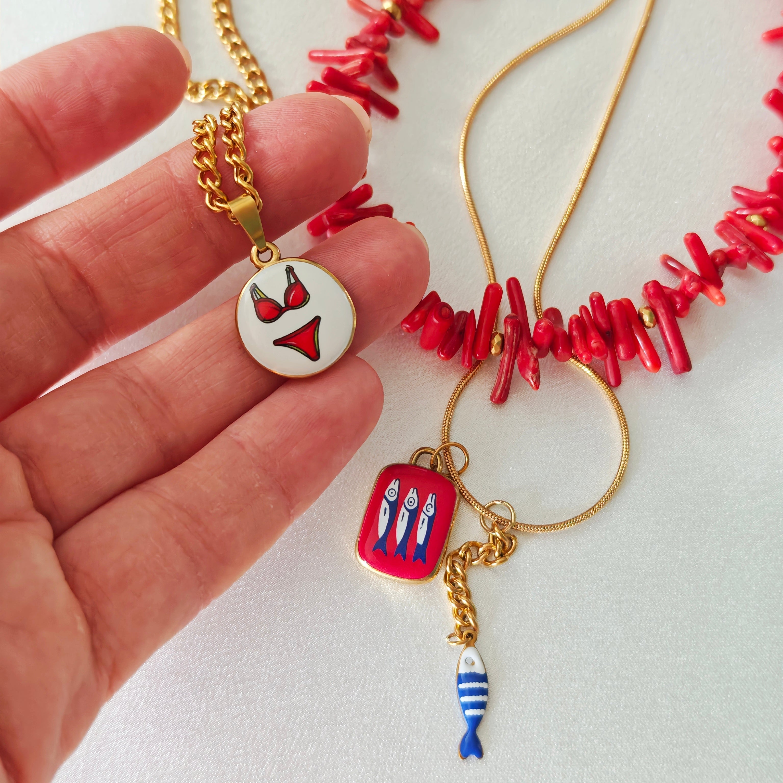 Red Coral & Charm Necklace Set