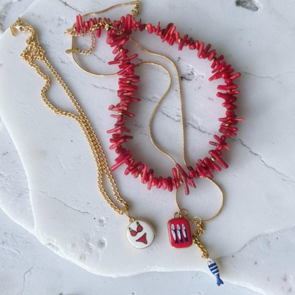 Red Coral & Charm Necklace Set