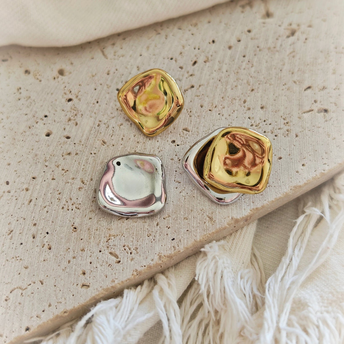 Molten Square Stud Earrings gold bicolor hand