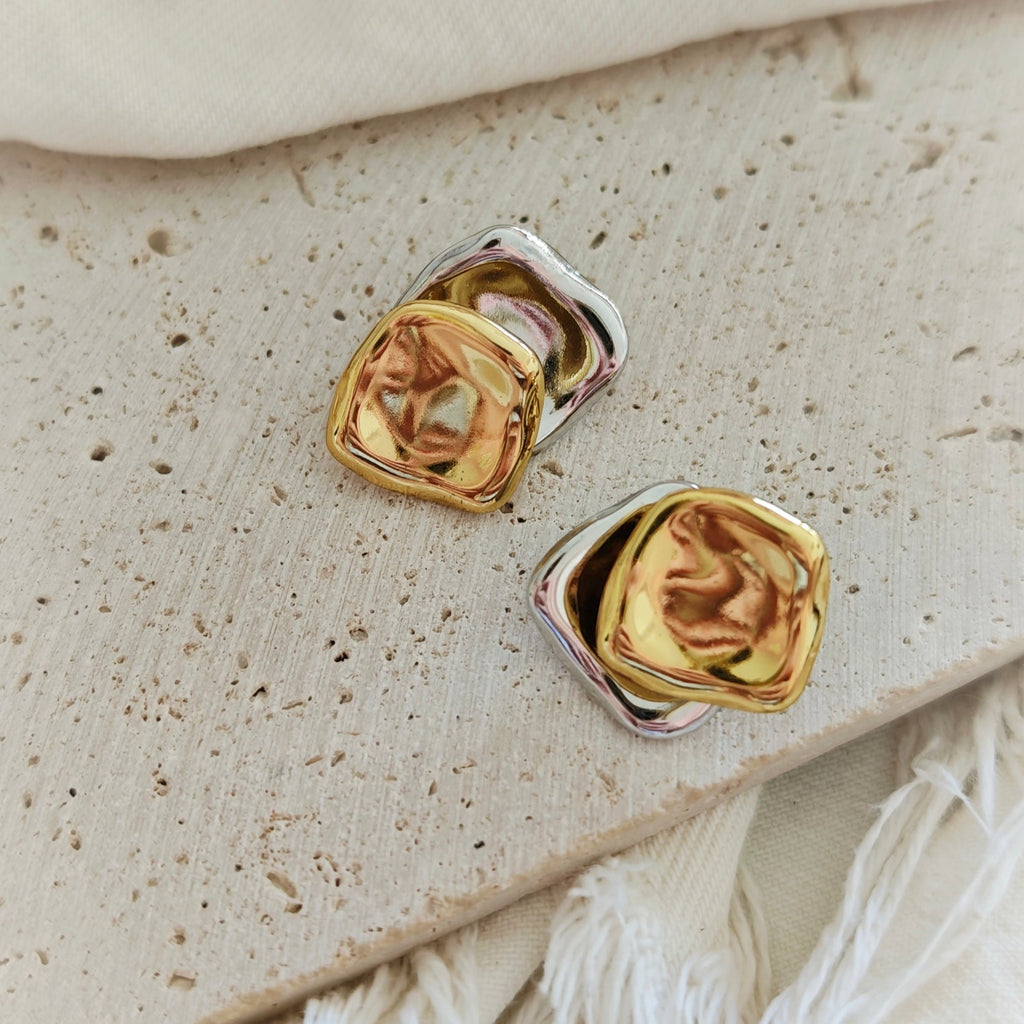 Molten Square Stud Earrings gold silver bicolor set