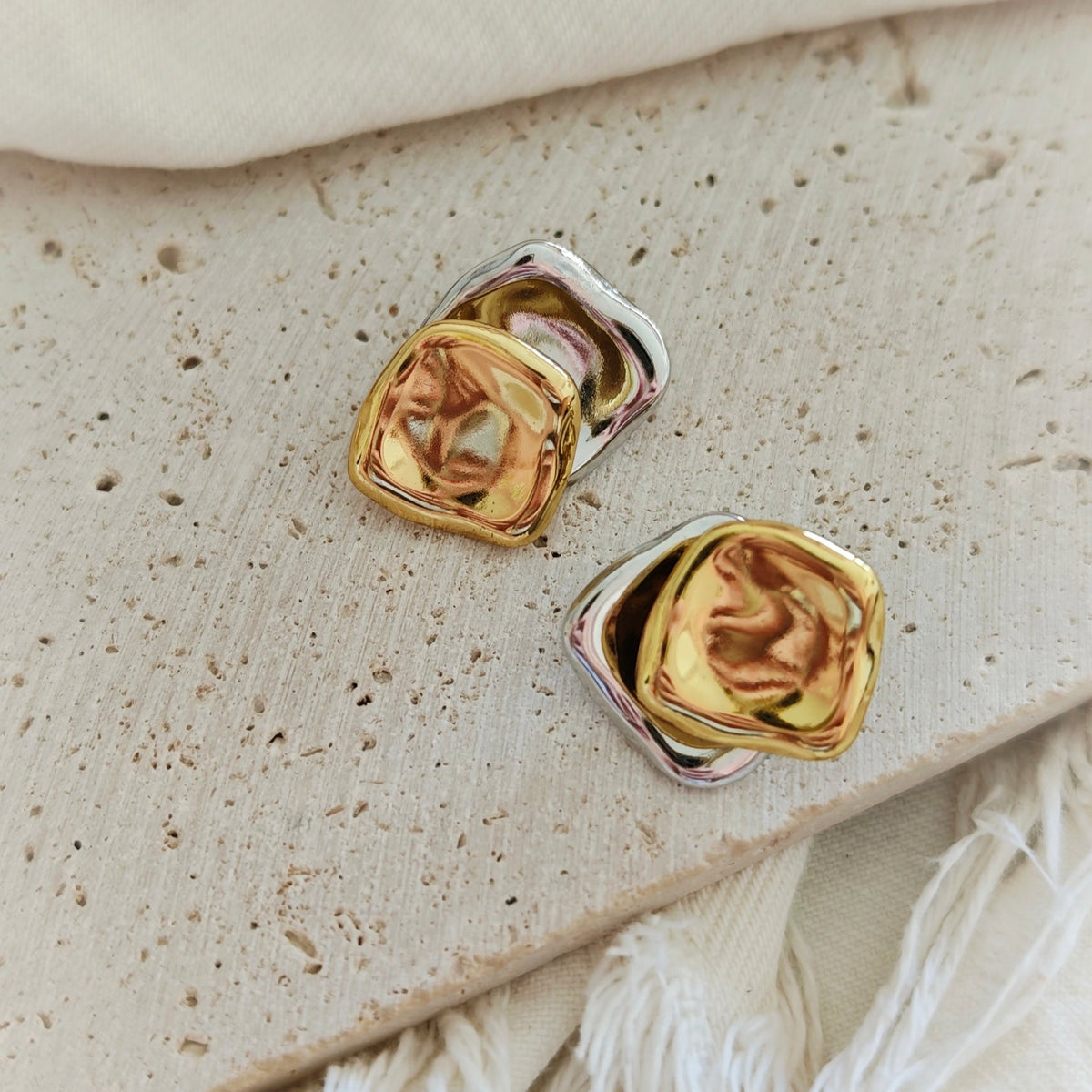 Molten Square Stud Earrings gold silver bicolor set