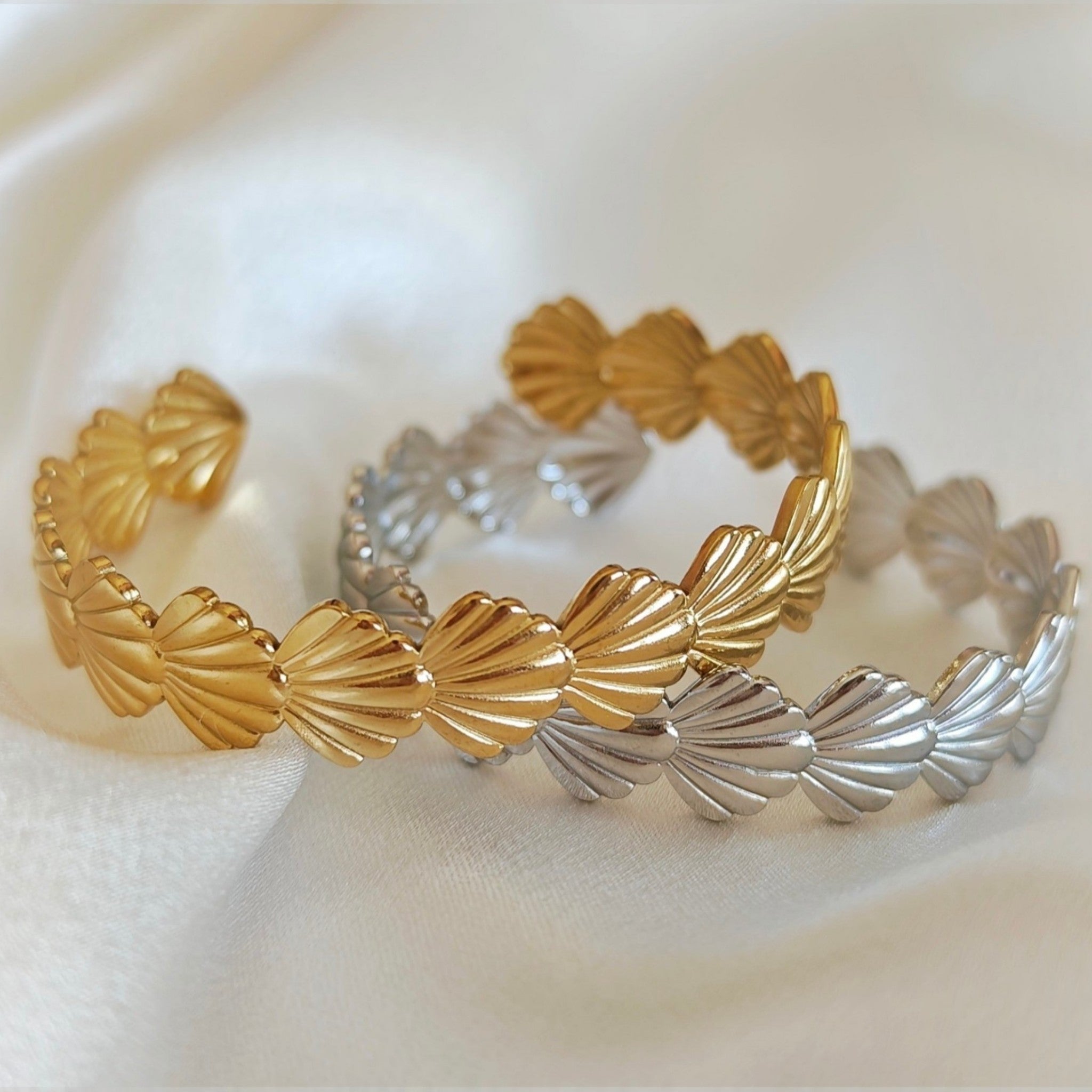 Seashell Cuff Bracelet in gold and silver